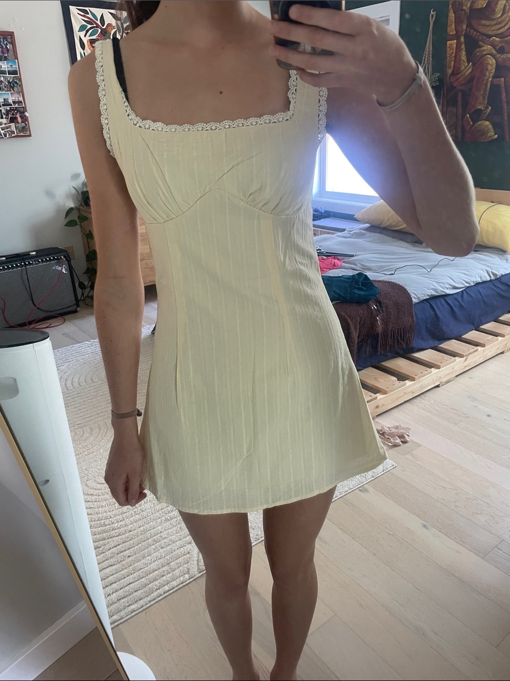 Lace-Trim Square Neck Mini yellow Dress